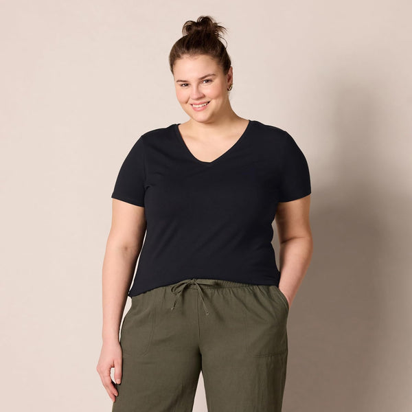 Amazon Essentials Women's Regular-Fit Short-Sleeve V-Neck T-Shirt, Multipacks 2 Black Large