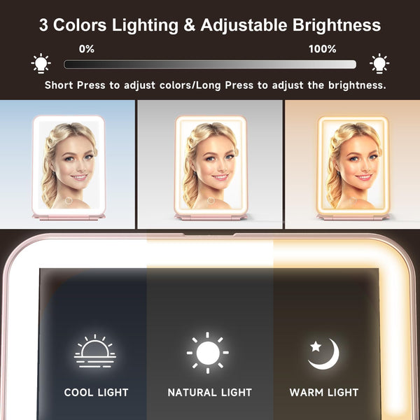 LED Foldable Travel Makeup Mirror - 5X7 Inches 3 Colors Light Modes USB Rechargeable Touch Screen, Portable Tabletop Cosmetic for Travel,