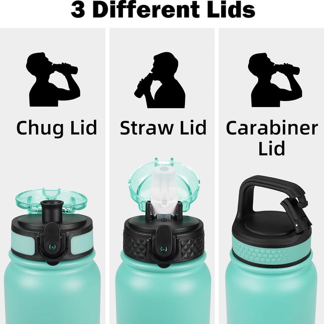 Oldley Insulated Water Bottle 20Oz for Adults Kids Stainless Steel Water Bottles with Straw/Chug/Carabiner 3 Lids Fruit 