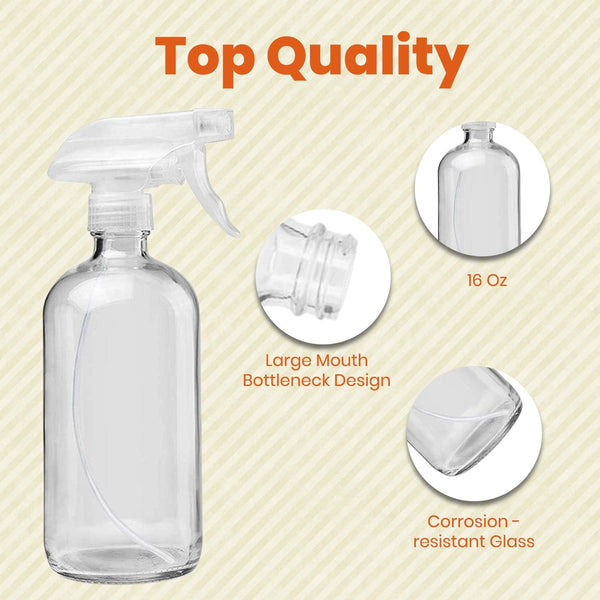 Clear Glass Spray Bottles for Cleaning Solutions (4 Pack) - 16 Ounce, Refillable & Reusable Sprayer for Essential Oil, Water, Kitchen, Hair.