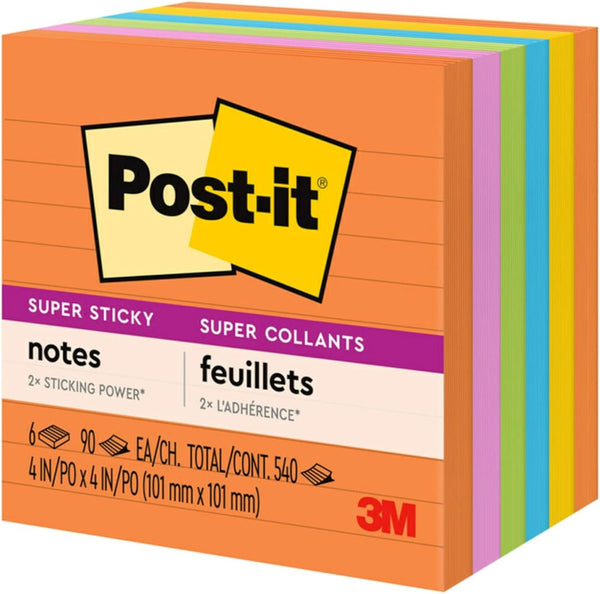 Post-it Super Sticky Notes, 4 x 4 in, Neon Fizz, 6 Lined Pads | School Supplies and Oﬃce Supplies, 2X the Sticking Power 4" x 4"