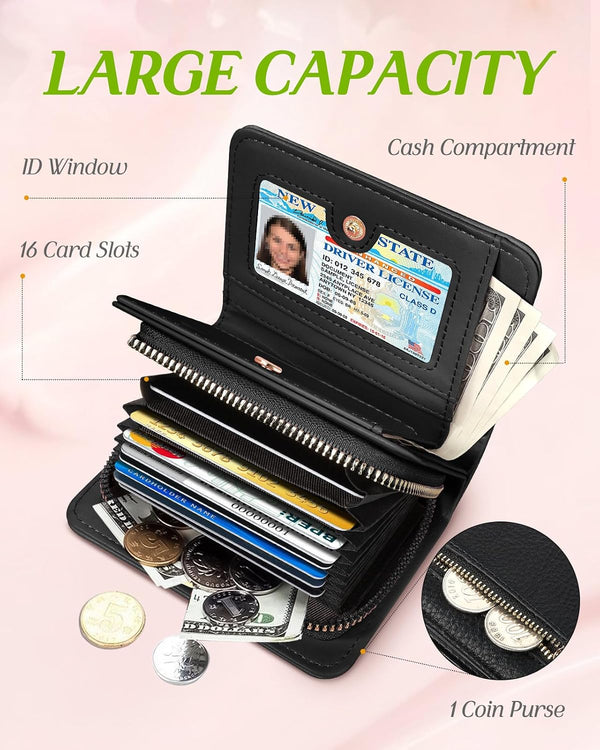 Bistup Credit Card Holder Wallet for Women Cute Leather Ladies Teen Girls Female Cardholder Wallets Accordion Purse Small Medium Aesthetic Print