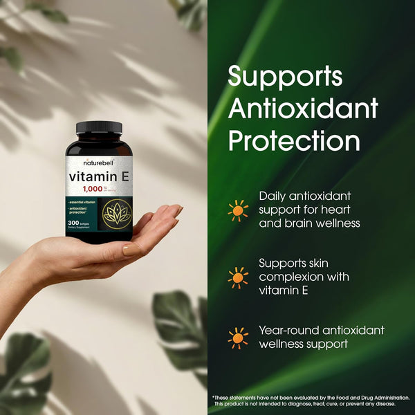 Naturebell Vitamin E Oil Softgels, 1,000 IU per Serving, 300 Pills | Essential Antioxidant Supplements, Easily Absorbed Form Ã¢ÂÂ Supports Skin,