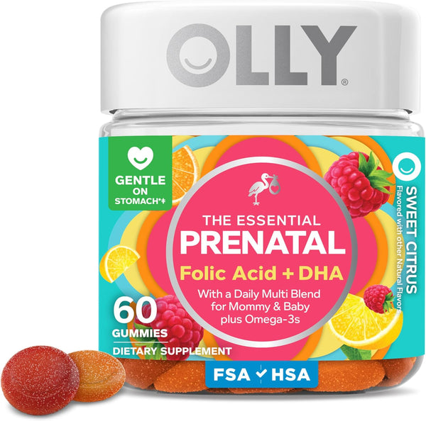 OLLY Prenatal Multivitamin Gummy, Supports Healthy Growth and Brain Development, Folic Acid, Vitamin D, Omega 3 DHA, Chewable Supplement, Citrus