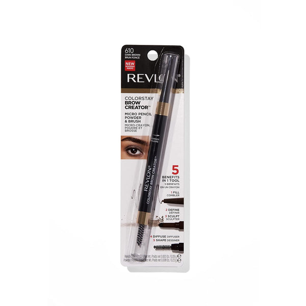 Revlon Eyebrow Pencil & Powder, Colorstay Brow Creator 2-In-1 Eye Makeup with Spoolie, Longwearing with Precision Tip, 610 Dark Brown, 0.23 Oz
