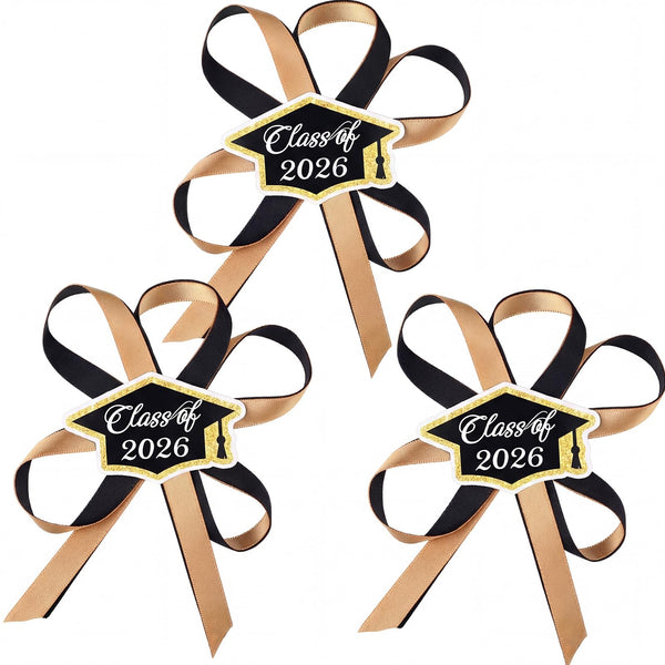 Daifunli 3 Pcs Graduation Lei Accessories Class of 2026 Ribbon Bows Lei Decals for Leis Gold Graduation Party Theme Celebration Decoration
