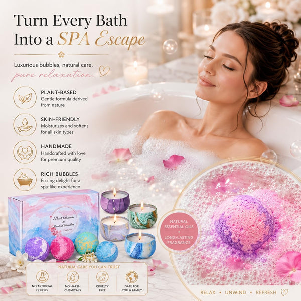Bath Bombs Gift Set - 5 Large Fizzy Spa Bombs with 4 Scented Candles for Women - Moisturizing Bubble Bath with Essential Oils for Valentine's,