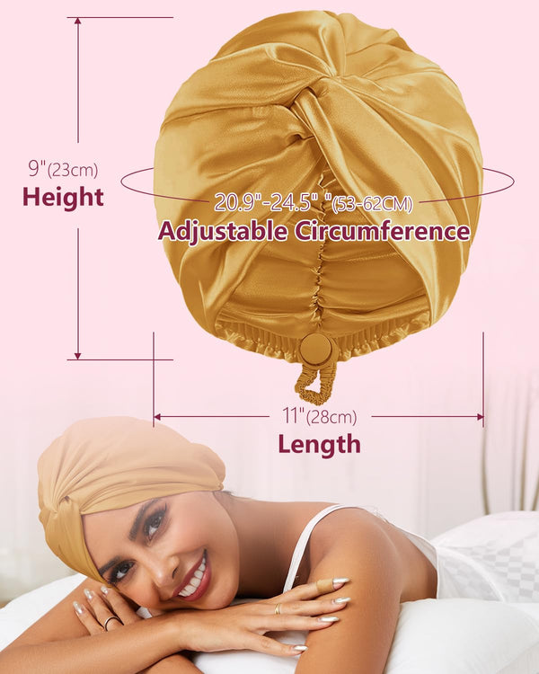 HFRHTGY Adjustable Silk Satin Hair Bonnet for Sleeping, Double Layer Hair Wrap Sleep Cap Turban for Women Men, Curly Straight Braid Unisex (Golden