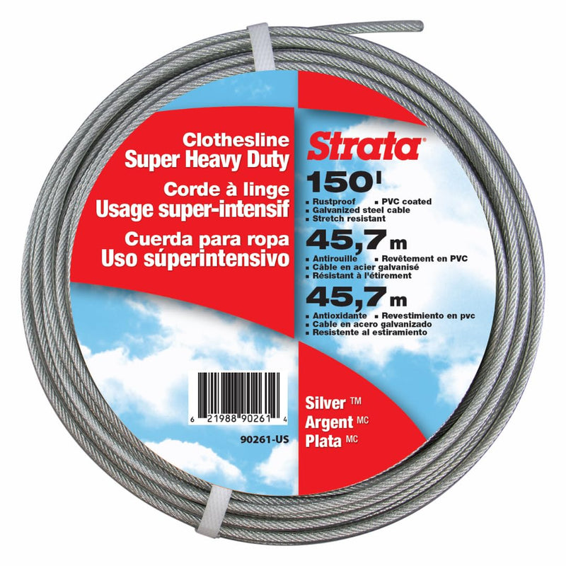 Strata 150 Feet Clothesline, Silver PVC Coating | Outdoor Heavy Duty, Galvanized Wire Steel Cable, For Outside Laundry Drying 150 Feet Silver