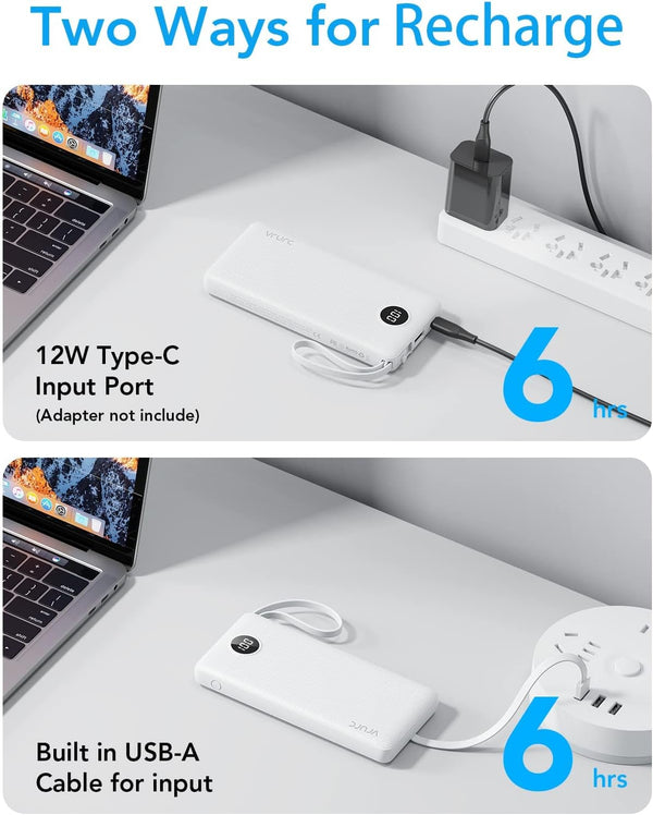 VRURC Portable Charger, Slim Power Bank Built-in 4 Cables, Travel Essential White