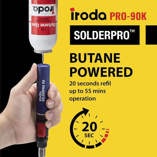IRODA SolderPro 90K Professional Butane Soldering Iron Kit | Cordless 3-in-1 Tool | Fast Start & 53min Runtime with Case & Tips (Taiwan Made)