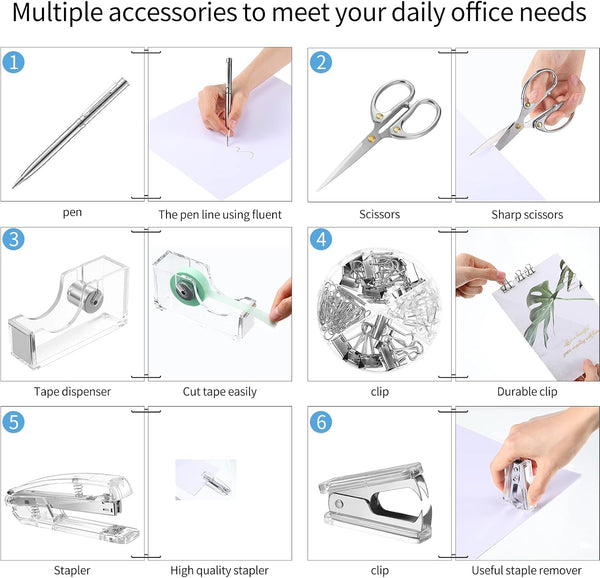 Silver Office Supplies Set Desk Accessory Kit, Acrylic Stapler Set