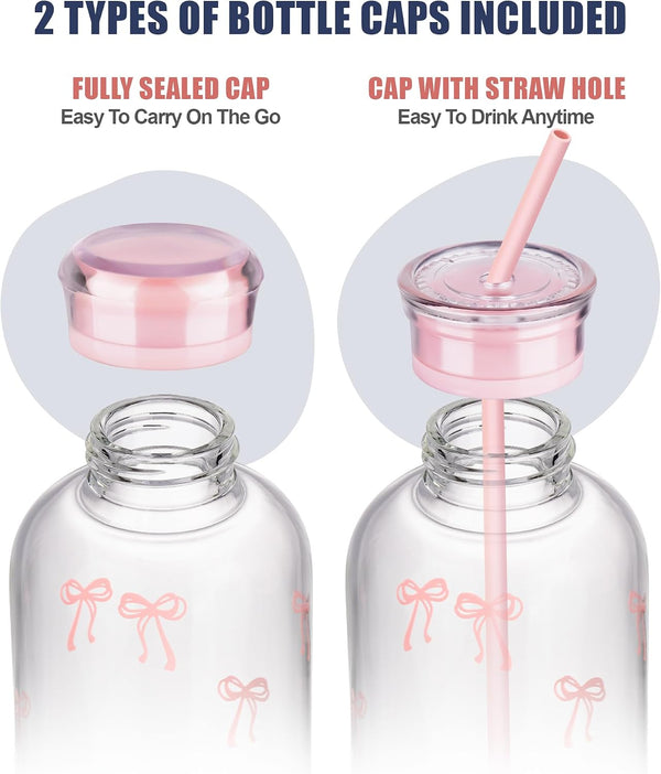 NiHome 25oz/750ml Clear Glass Water Bottle with 2 Caps & Stainless-Steel Straw, Temperature Resistant Durable High Borosilicate Glass Drinkware