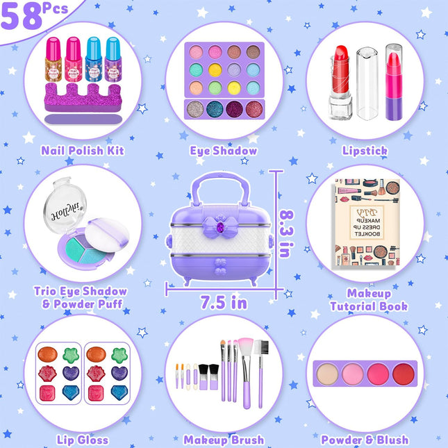 Hollyhi 58 Pcs Kids Makeup Kit for Girl, Princess Toys Real Washable Cosmetic Se