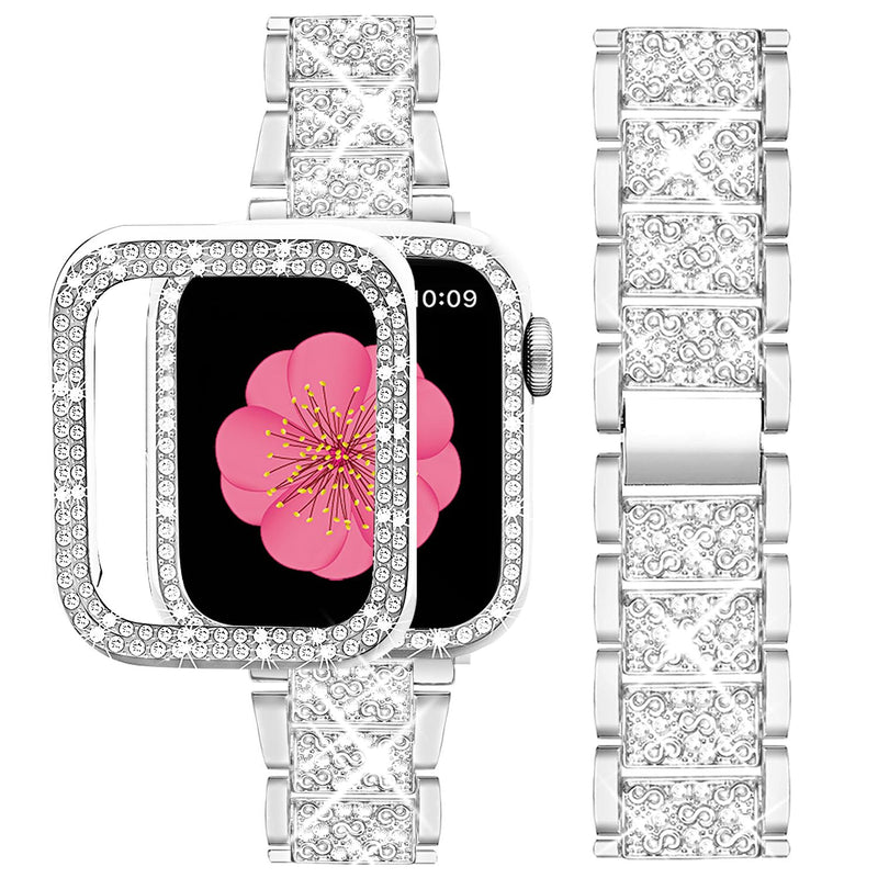 SUPOIX Compatible with Apple Watch Band S10 42Mm + Case, Women Jewelry Bling Diamond Metal Strap & 2P Cover Cases for Iwatch Series 10(Silver,42Mm)