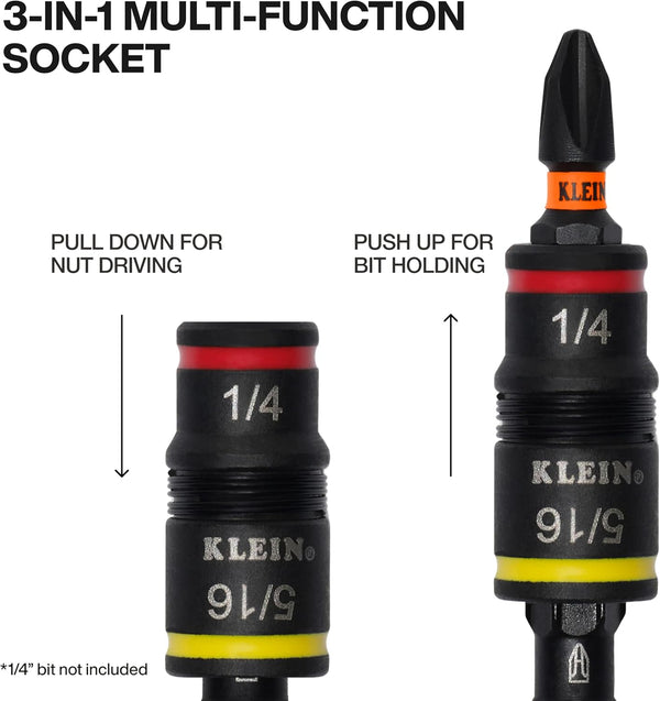 Klein Tools 32934 Impact Driver, 9-in-1 SAE Impact Socket Set, 4 Flip Sockets with 1/4, 5/16, 3/8, 7/16, 1/2, 9/16, 5/8, and 3/4-Inch Nut Driver