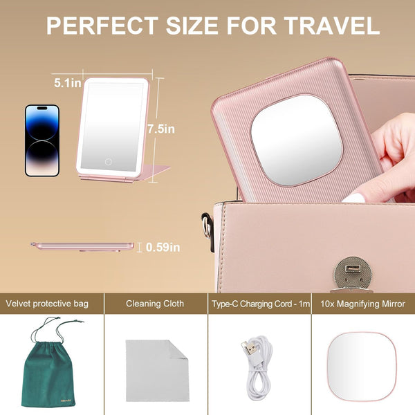 LED Foldable Travel Makeup Mirror - 5X7 Inches 3 Colors Light Modes USB Rechargeable Touch Screen, Portable Tabletop Cosmetic for Travel,