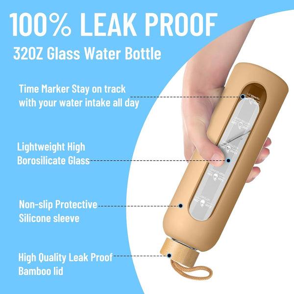 Sursip 32 Oz Glass Water Bottle with Time Marker,1 Liter Bpa-Free Reusable Motivational Water Bottle with Non-Slip Silicone Sleeve and Bamboo Lid,
