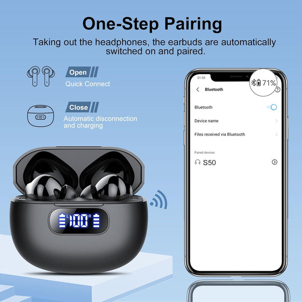 Wireless Earbuds, Bluetooth 5.3 Headphones LED Power Display, 2025 New Wireless Earphones, 4 ENC Noise Cancelling Mic, Hifi Stereo, 48H Playtime
