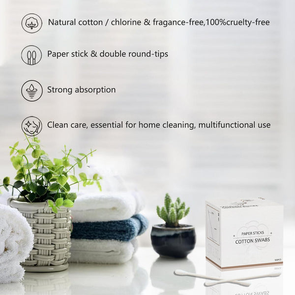 Cotton Swabs with Paper Sticks 1000ct, Double Round Cotton Buds for Beauty& Personal Care 1000pcs