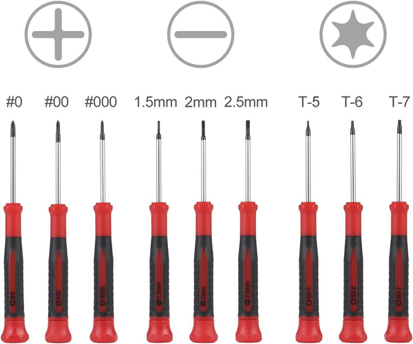 EFFICERE 9-Piece Precision Screwdriver Set | Phillips #0, #00, #000 | Flat 1.5mm, 2.0mm, 2.5mm | Torx T5, T6, T7 | Durable Chrome Vanadium Steel