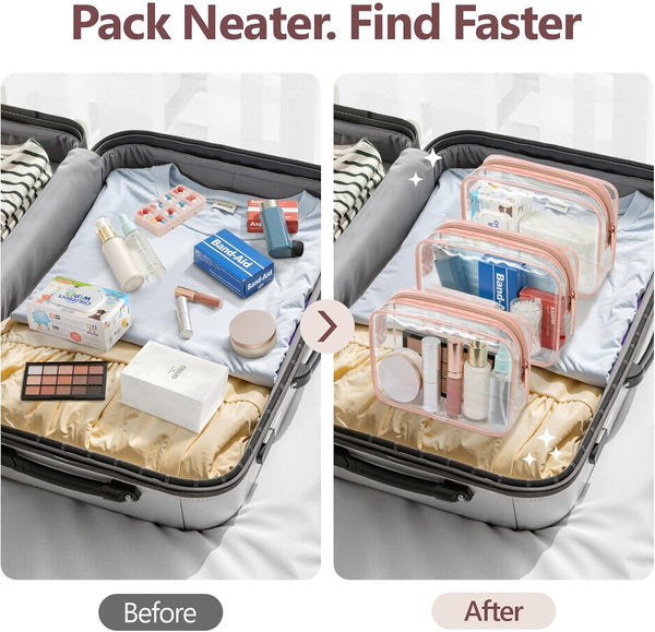 PACKISM TSA Approved Toiletry Bag - Clear Makeup Bag for Travel, Rose Pink Active Rose Pink Medium Set