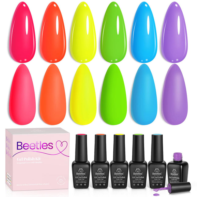 Beetles Neon Gel Nail Polish Set, Summer Gel Polish Kit 6 Colors Hot Pink Orange