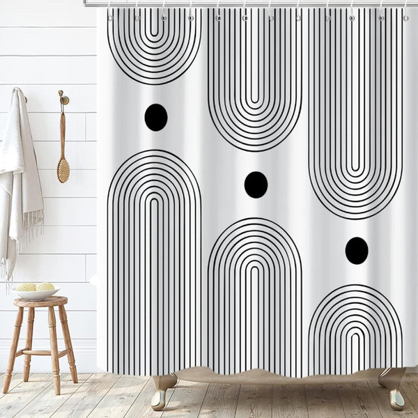White and Black Shower Curtain, Boho Minimalist Mid Century Modern Arch Geometric Machine Washable Waterproof Fabric for Bathroom Bathtub Decor