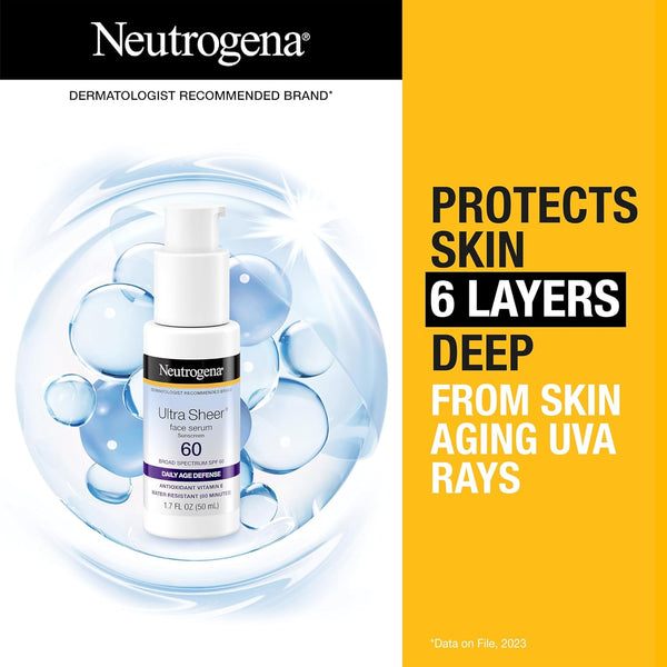 Neutrogena Ultra Sheer Moisturizing Face Serum with Vitamin E & SPF 60, All Day Facial Sunscreen Serum with Broad Spectrum UVA/UVB Protection,