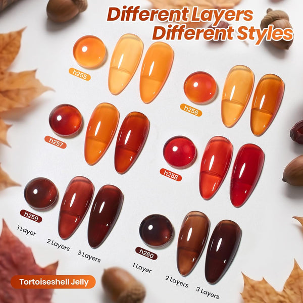 Beetles Jelly Tortoise Fall Nail Gel Polish Set 6 Transparent Fall Colors | Brown Amber Orange Carame Dark Red Pumpkin Gel Nail Polish Soak Off UV