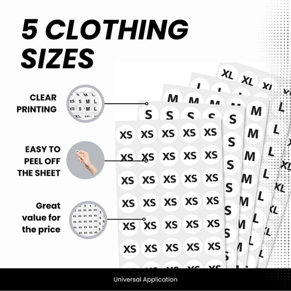 Versatile Self-Adhesive Round Size Stickers | 2000-Pack Multi-Size Labels | 3/4" Diameter XS-XL | Retail Clothing Tag Stickers | White Background