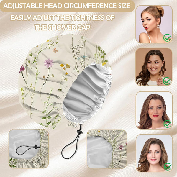 2 PCS Shower Cap Adjustable Reusable Double Waterproof Layer Elastic Hair Bath Cap Cute Aesthetic for Women Girls-Leaf I6-Leaf