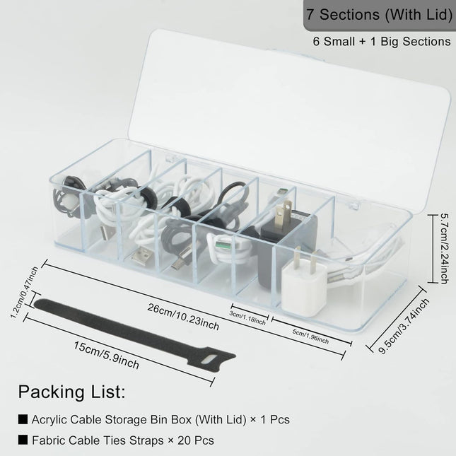 Electronics Organizer 7 Sections Clear Acrylic Cable Storage Bin Box Cord Holder with 20 PCS Reusable Fastening Fabric C