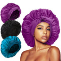 3Pcs Bonnets for Sleeping, Extra Satin Silk Bonnet for Sleeping Women with Tie Band for Curly Hair Jumbo Bonnet Braids A-06-Black+Peacock Blue+Purple