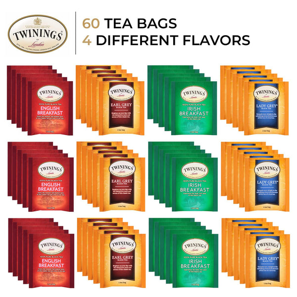 Twinings Black Tea Variety 3-Pack with Earl Grey Tea, English Breakfast Tea, Irish Breakfast Tea, and Lady Grey Tea Bags, Individually Wrapped, 20