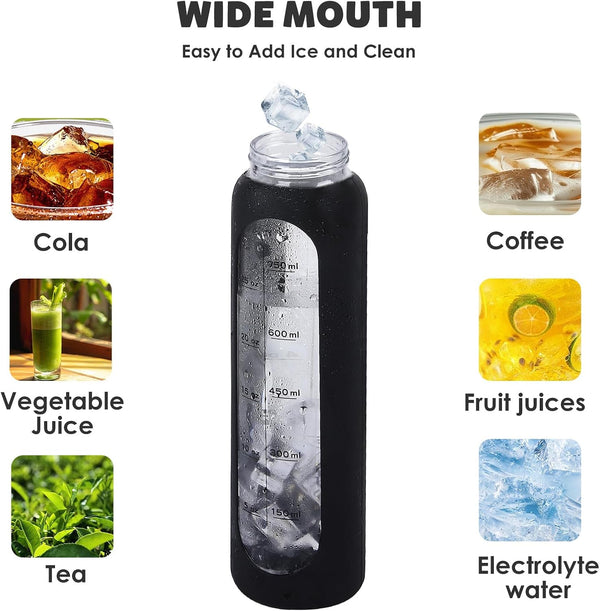 GIEMIT Glass Water Bottles 32oz with Silicone Sleeve Drinking Hydration Bottles Reusable Borosilicate Wide Mouth Motivational Water Flask Canteen