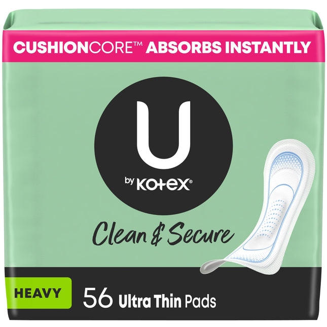 U by Kotex Ultra Thin Pads, Clean & Secure, Heavy Absorbency, 56 Count (Packagin