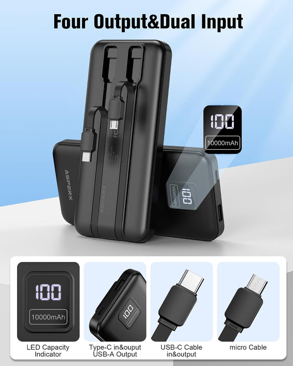 AsperX 2-Pack 10000mAh Portable Charger with Built-in Cables, USB-C Output Power Bank Fast Charging, LED Display Travel Essential Battery Pack for