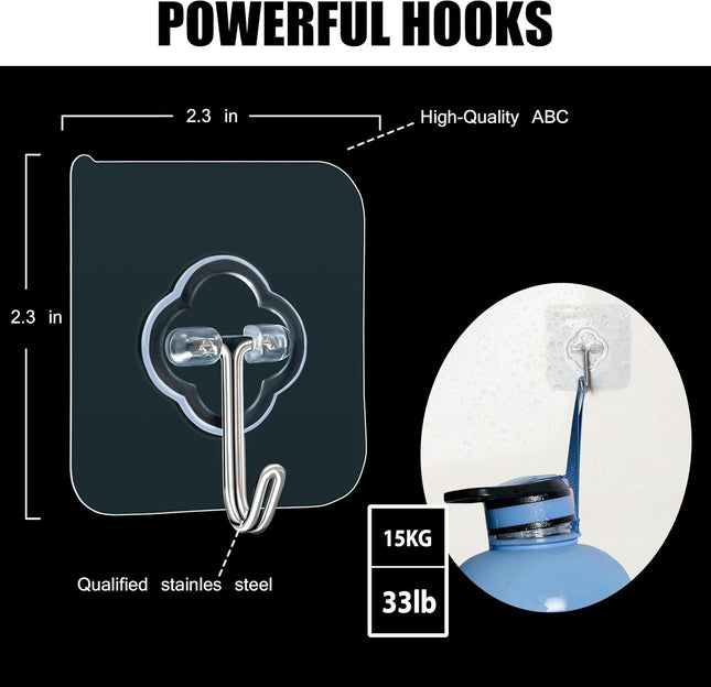 Adhesive Hooks, 32 Pack 33Lb(Max) Sticky Hooks, Transparent Reusable Removable Adhesive Hooks for Hanging, Wall Hooks fo