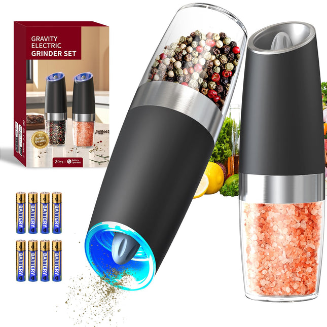 CIRCLE JOY Gravity Electric Salt and Pepper Grinder Set Automatic Salt and Pepper Grinder Set with LED Light, Battery Op