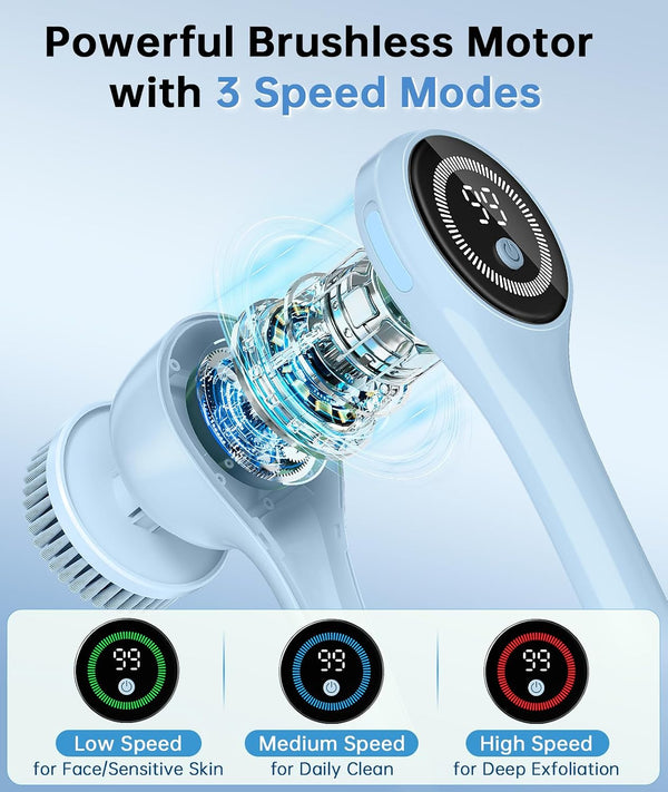Electric Body Brush Back Scrubber for Shower, Waterproof Rechargeable Auto Bath Brush with Long Handle, 5 Replaceable Heads & 3 Speeds, Deep