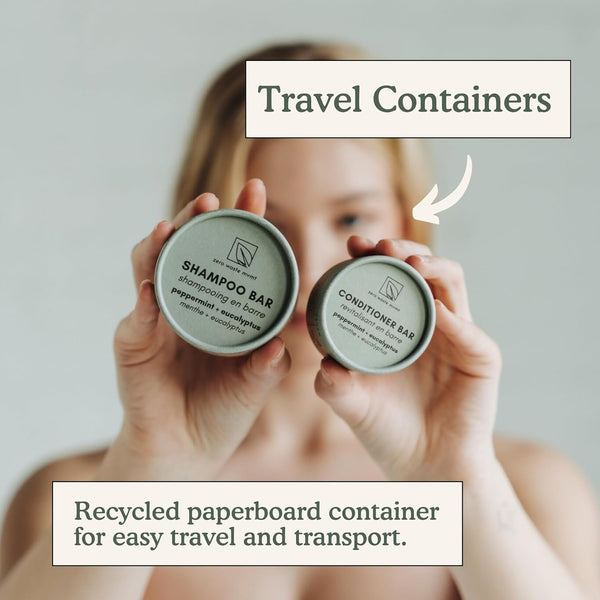 Shampoo & Conditioner Bar Set | Peppermint + Eucalyptus | with Travel Container and Cedar Tray | Natural Salon Quality Shampoo, Zero Waste &