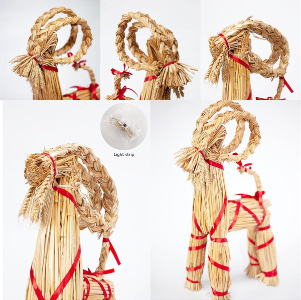 11.8" Lighted Christmas Straw Goat Home Decor Swedish Scandinavian Yule Style Decorative Handmade Ornaments with LED Light for Indoor Christmas