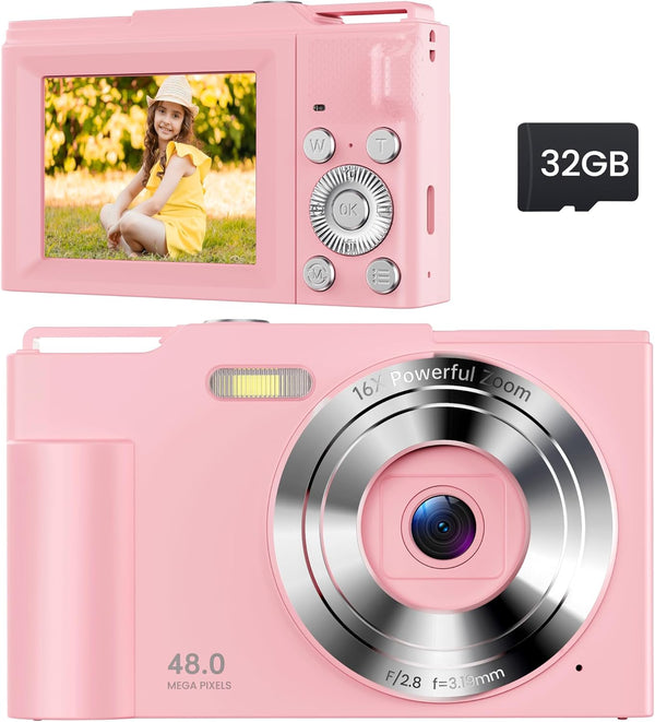 Digital Camera for Kids: Pink Camera for Teens - Christmas Birthday Gifts for Girls 8-10 - 16X Zoom Shoot Camera for Ages 8-13 - Compact Camera