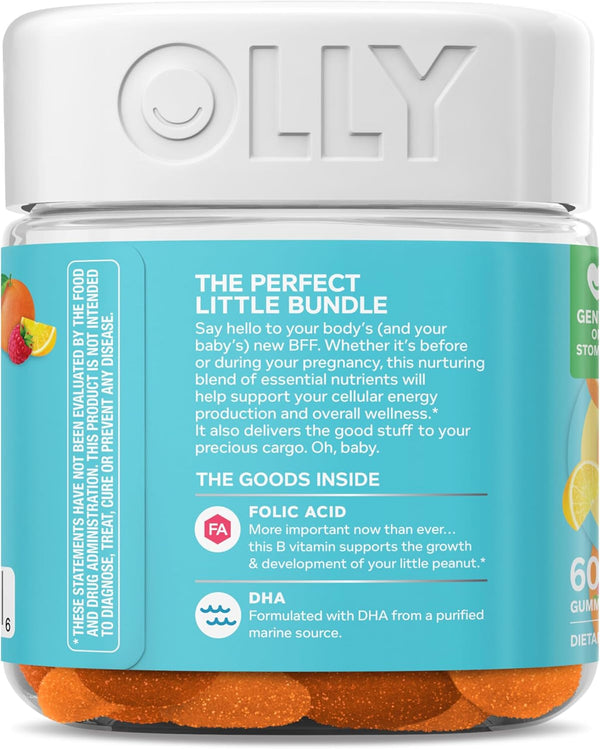 OLLY Prenatal Multivitamin Gummy, Supports Healthy Growth and Brain Development, Folic Acid, Vitamin D, Omega 3 DHA, Chewable Supplement, Citrus