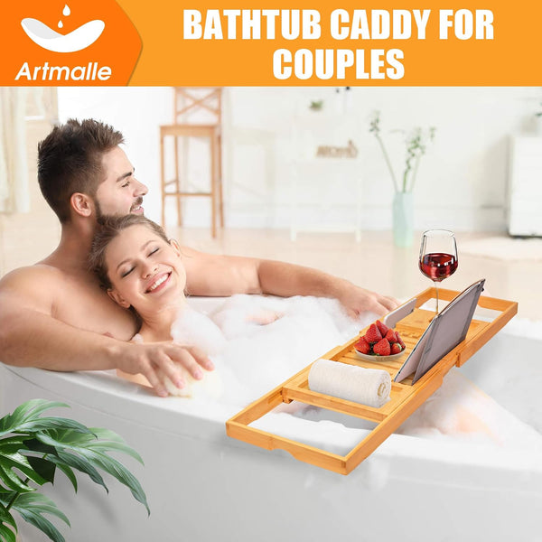 Artmalle Luxury Bathtub Caddy Tray for Tub - Foldable Bamboo Bath Table Tray with Book and Wine Glass Holder, Expandable Bathroom Accessories for
