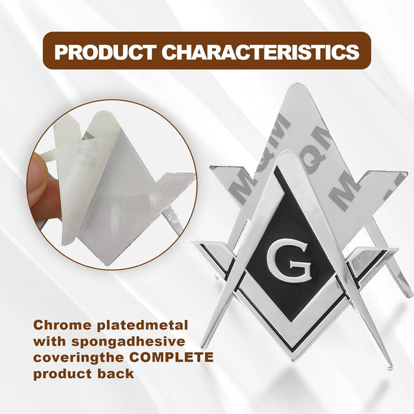 2Pcs Masonic Car Emblem 2.75" Compass Auto Truck Metal Decal, Mason Square Auto Motorcycle Gift Automobile Decoration Accessories