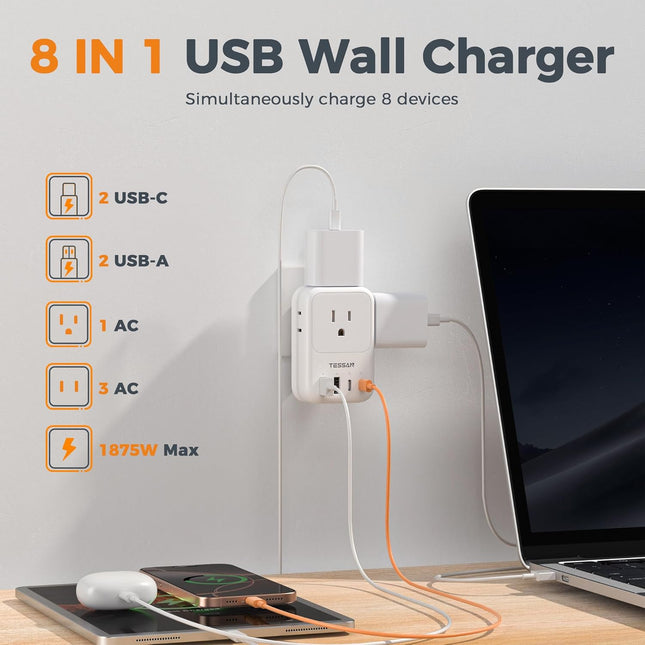 USB Wall Charger, TESSAN Wall Plug Adapter Outlet Extender, 3 Charger Block (1 USB C Port), Multi Charging Station for C