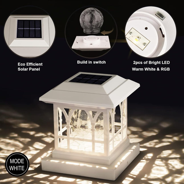Solar Post Cap Lights, Warm White & RGB Automatic Cycling, Cracked Glass Bulb, 20 Lumens Lp65 Waterproof Fit 3.6X3.6 4X4