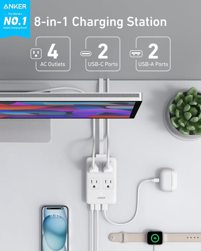 Anker Charging Station, 20W Max 8-In-1 USB-C Power Strip for Iphone 15/14 and Macbook Air/Pro, 5 Ft Thin Cord with 4 AC,